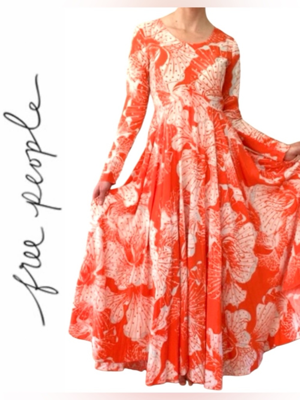 Free People “First Kiss” Vibrant Orange Floral Long-Sleeve Maxi Dress